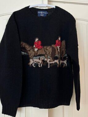 RARE - RALPH LAUREN Vtg Equestrian Horse English Hunt Wool Hand Knit Sweater L